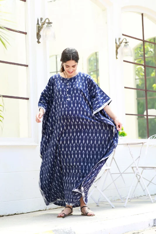 Elegant Indigo Ikat Maternity & Nursing Kaftan (100% Cotton)