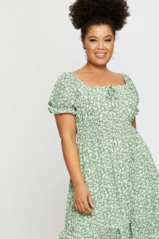 Floral Print Plus Puff Sleeve Ruched Frontskater Dress