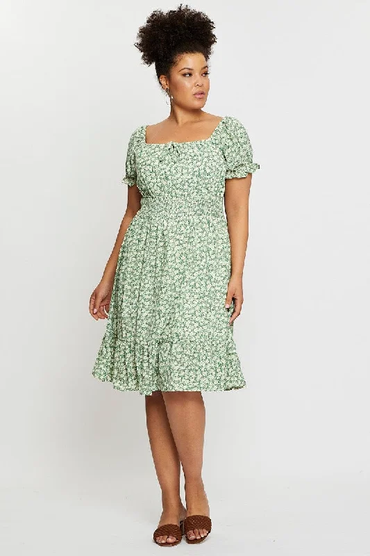 Floral Print Plus Puff Sleeve Ruched Frontskater Dress