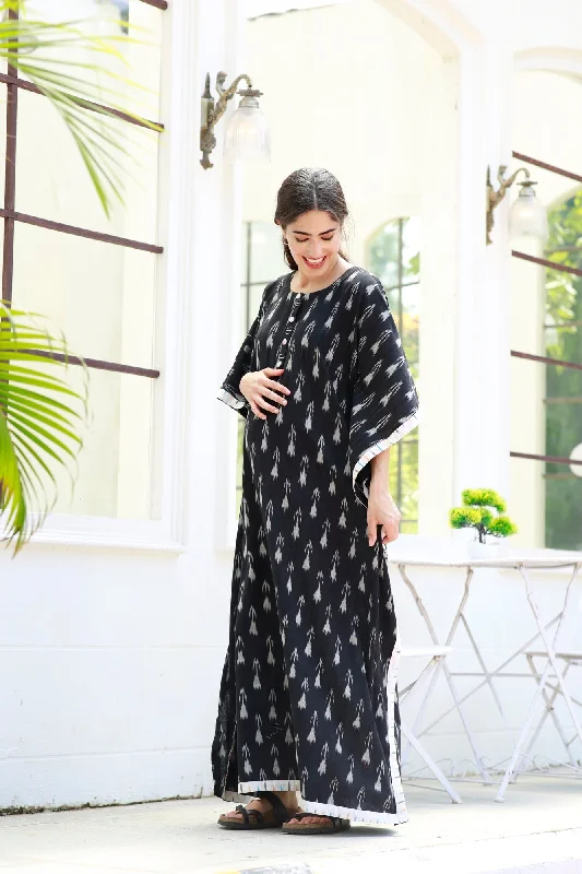 Graceful Black Ikat Maternity & Nursing Kaftan (100% Cotton)