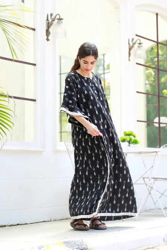 Graceful Black Ikat Maternity & Nursing Kaftan (100% Cotton)