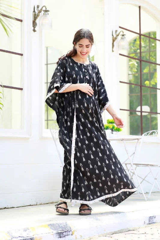 Graceful Black Ikat Maternity & Nursing Kaftan (100% Cotton)