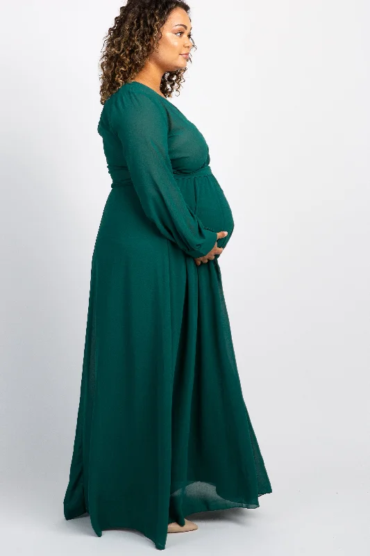 Green Chiffon Long Sleeve Pleated Plus Maternity Maxi Dress