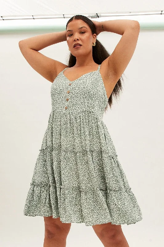 Green Ditsy Fit And Flare Dress Sleeveless Tiered