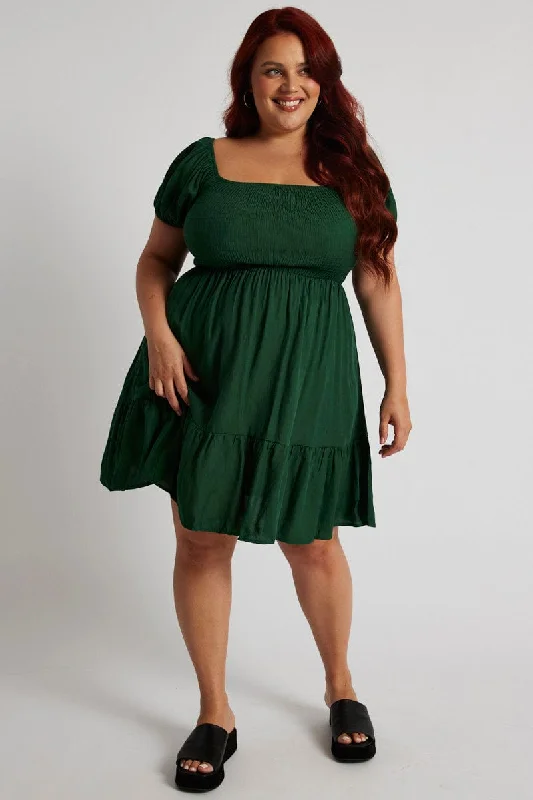 Green Fit And Flare Dress Short Sleeve Shirred