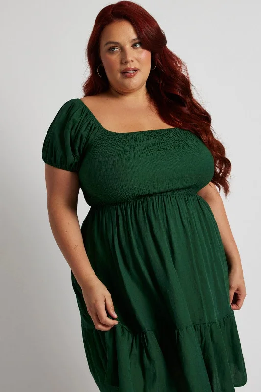 Green Fit And Flare Dress Short Sleeve Shirred