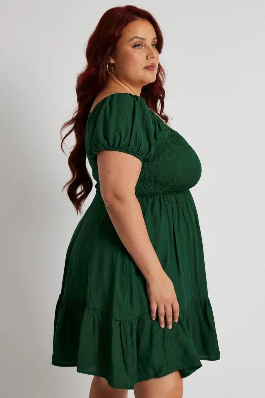 Green Fit And Flare Dress Short Sleeve Shirred