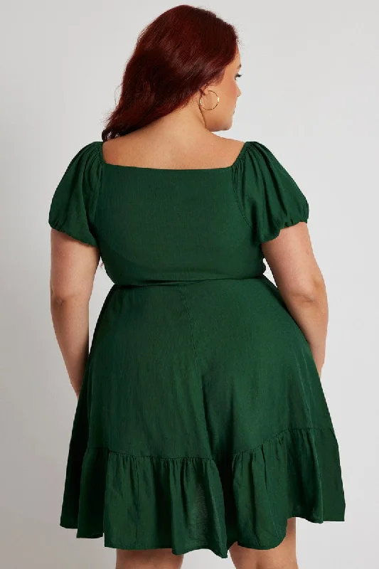 Green Fit And Flare Dress Short Sleeve Shirred