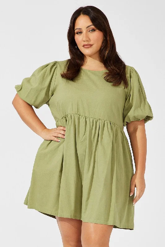 Green Puff Sleeve Shift Minidress with Pockets