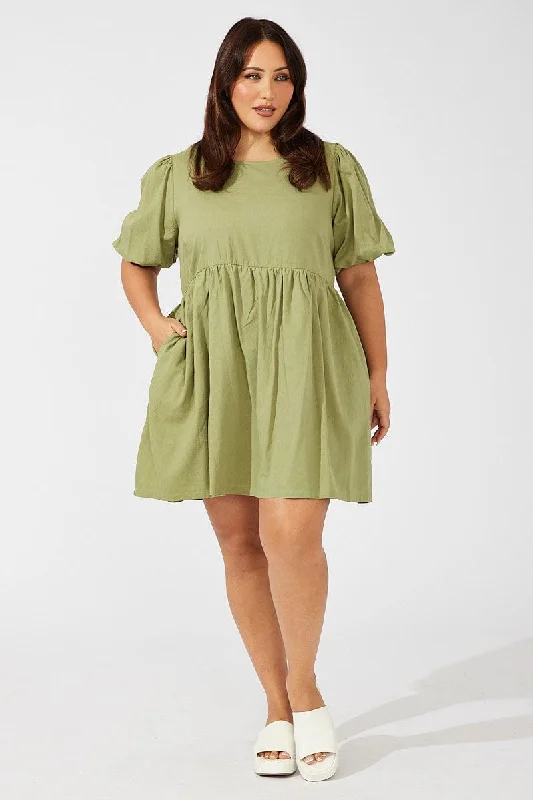 Green Puff Sleeve Shift Minidress with Pockets