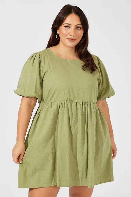 Green Puff Sleeve Shift Minidress with Pockets