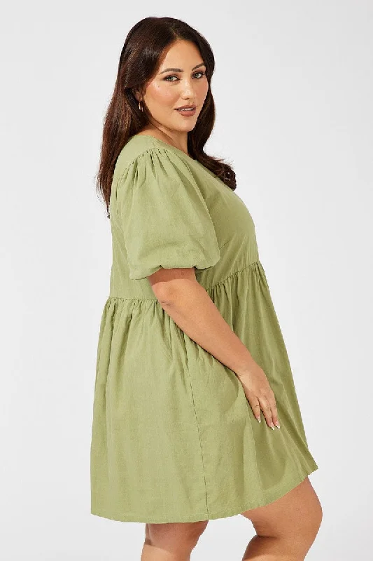 Green Puff Sleeve Shift Minidress with Pockets