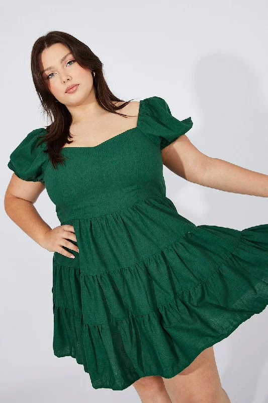 Green Puff Sleeve Skater Dress Sweetheart Neck