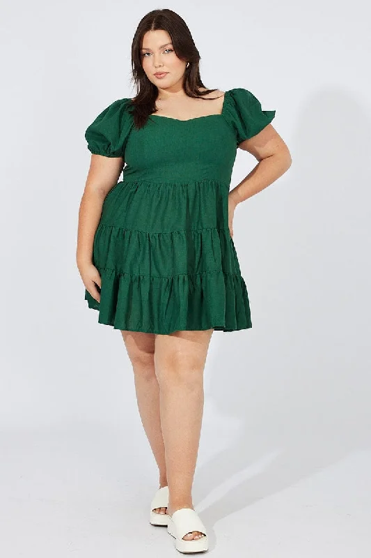 Green Puff Sleeve Skater Dress Sweetheart Neck