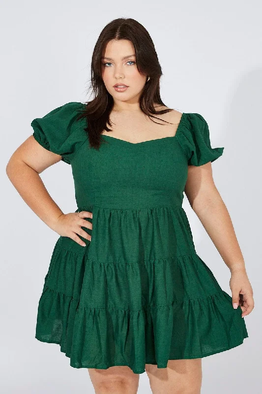 Green Puff Sleeve Skater Dress Sweetheart Neck