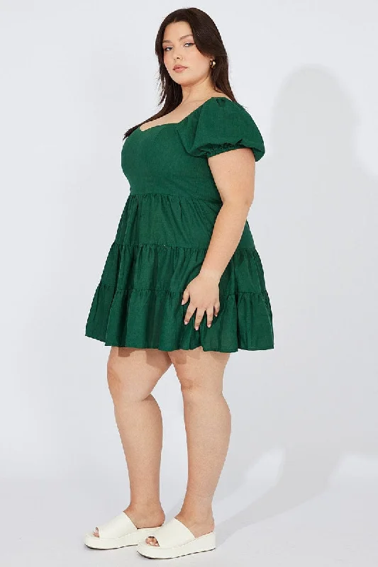 Green Puff Sleeve Skater Dress Sweetheart Neck