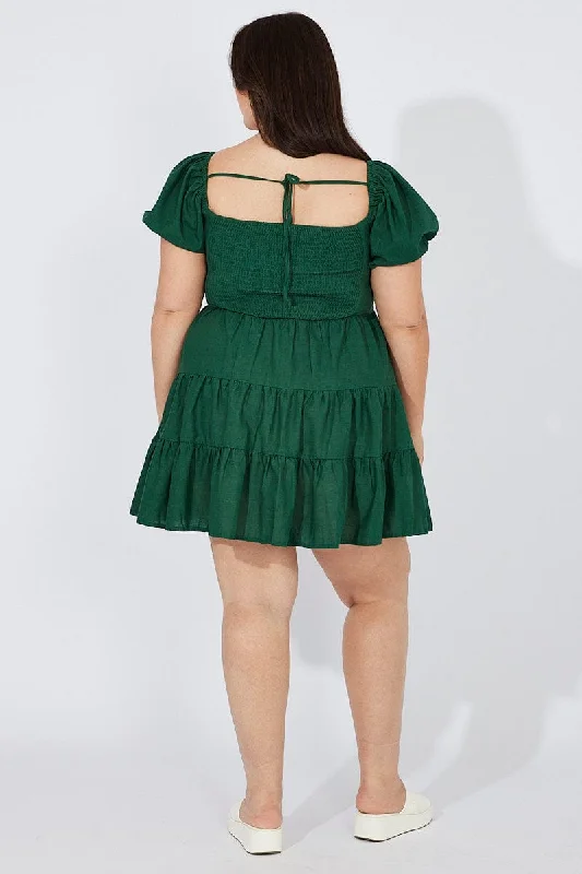 Green Puff Sleeve Skater Dress Sweetheart Neck