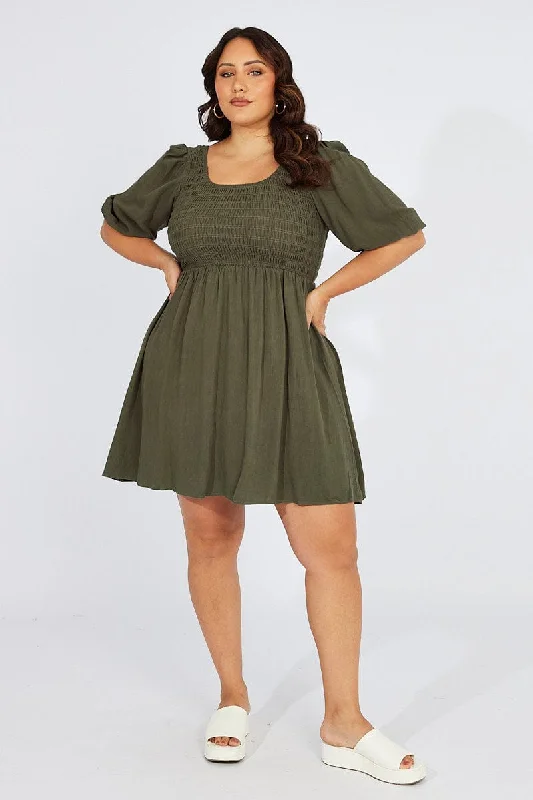 Green Shirred Bodice Scoop Neck Minidress Linen Blend