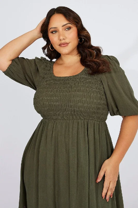 Green Shirred Bodice Scoop Neck Minidress Linen Blend