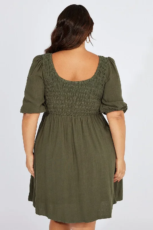 Green Shirred Bodice Scoop Neck Minidress Linen Blend