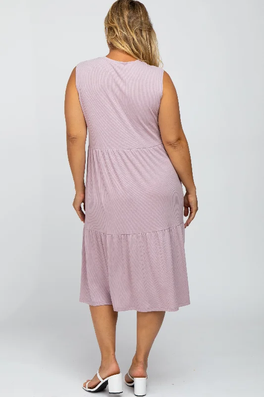 Lavender Ribbed Sleeveless Plus Maternity Midi Dress