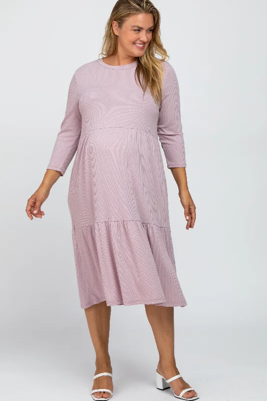 Lavender Tiered Ribbed 3/4 Sleeve Plus Maternity Midi Dress