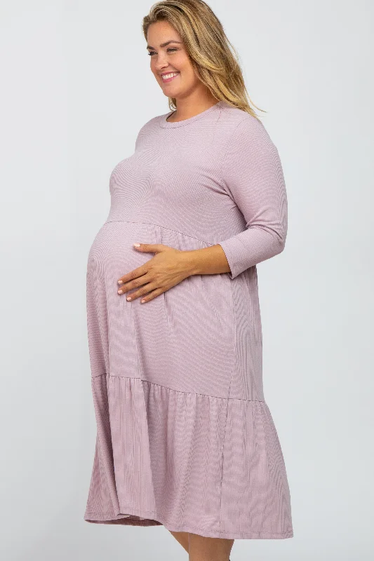 Lavender Tiered Ribbed 3/4 Sleeve Plus Maternity Midi Dress