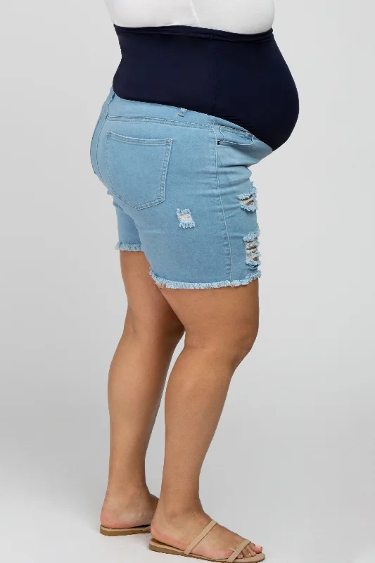 Light Blue Distressed Frayed Hem Maternity Plus Shorts