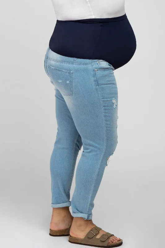 Light Blue Distressed Rolled Hem Maternity Plus Crop Jeans