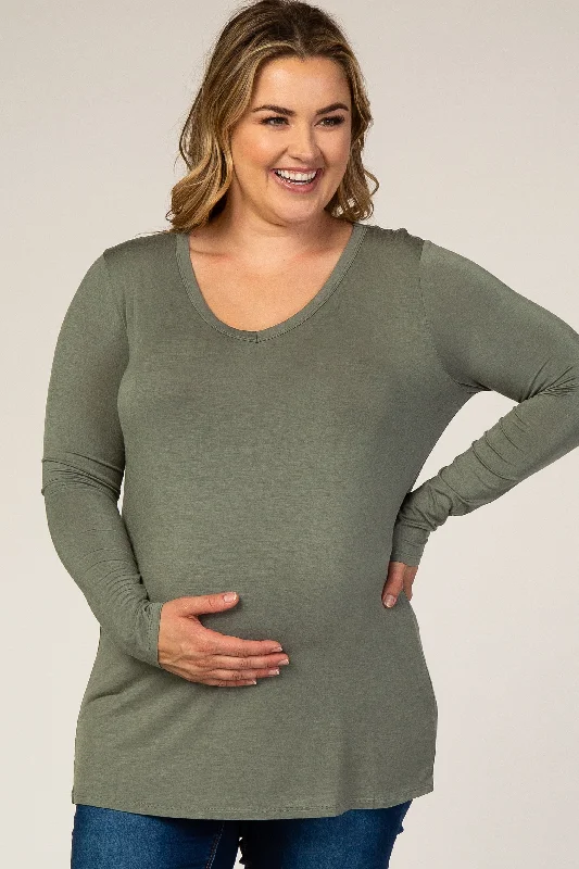 Light Olive Basic Long Sleeve Plus Maternity Top