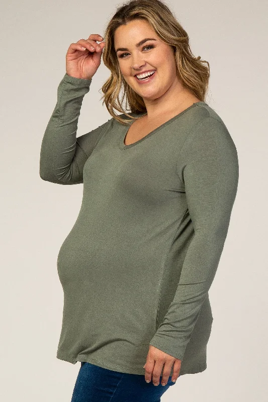 Light Olive Basic Long Sleeve Plus Maternity Top