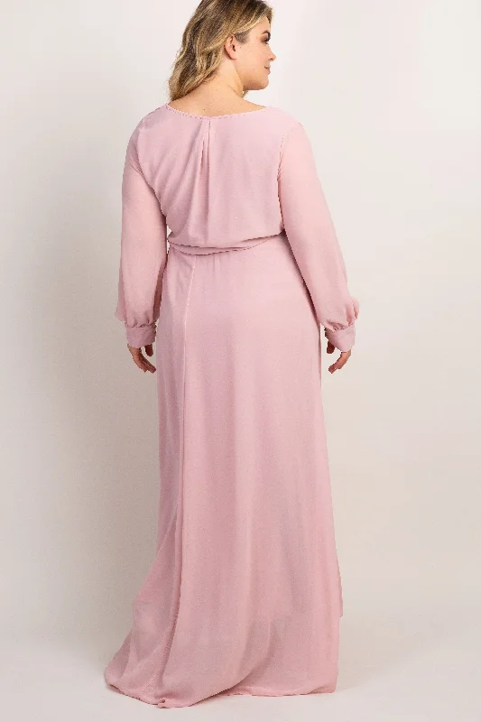 Light Pink Chiffon Long Sleeve Pleated Plus Maternity Maxi Dress