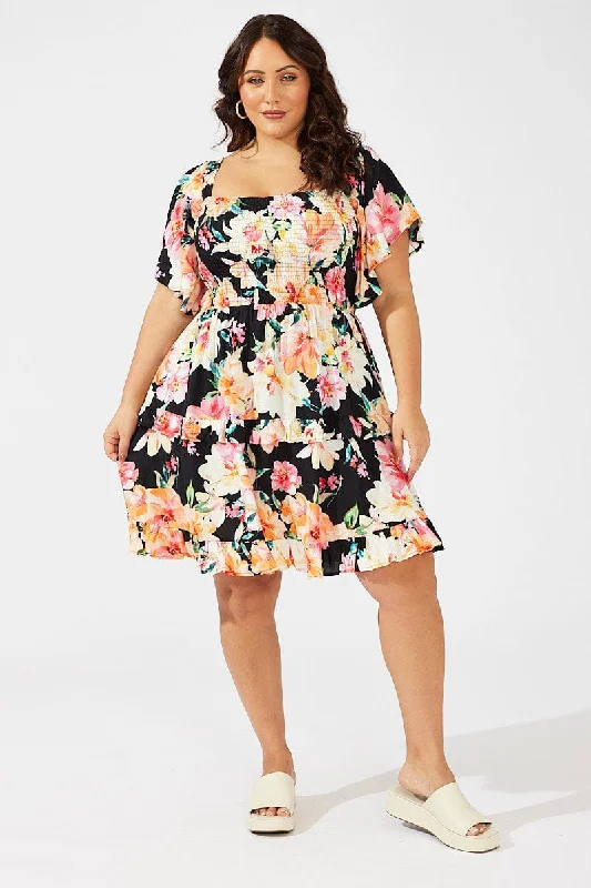 Multi Floral Frill Detail Minidress Flare Sleeve