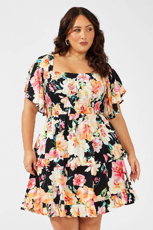 Multi Floral Frill Detail Minidress Flare Sleeve