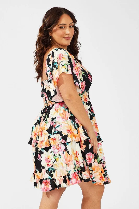 Multi Floral Frill Detail Minidress Flare Sleeve