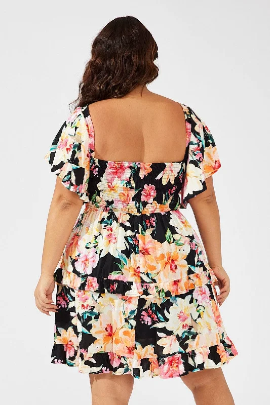 Multi Floral Frill Detail Minidress Flare Sleeve