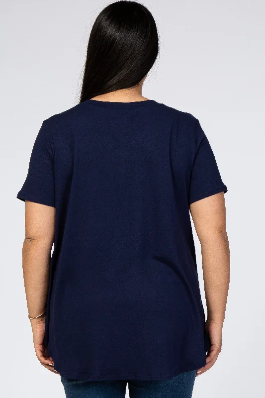 Navy Blue Round Hem Short Sleeve Maternity Plus Top