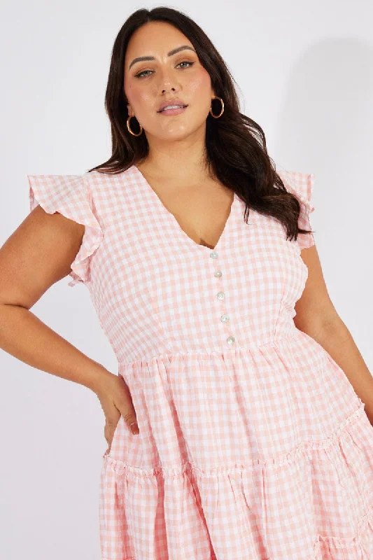 Pink Check Fit And Flare Dress Short Sleeve