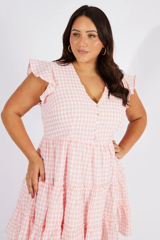 Pink Check Fit And Flare Dress Short Sleeve