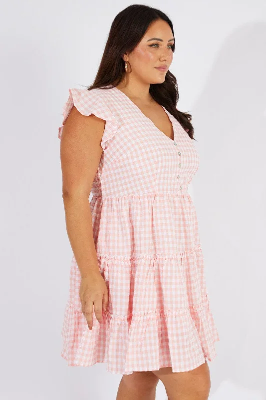 Pink Check Fit And Flare Dress Short Sleeve