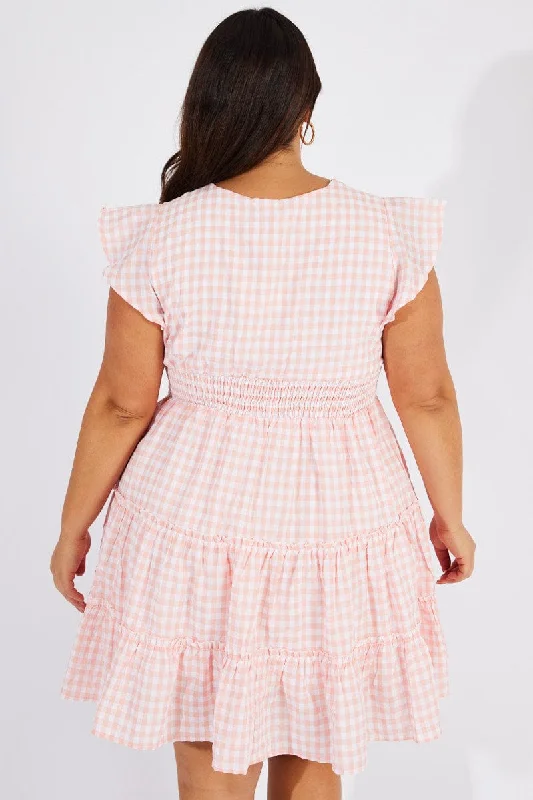 Pink Check Fit And Flare Dress Short Sleeve