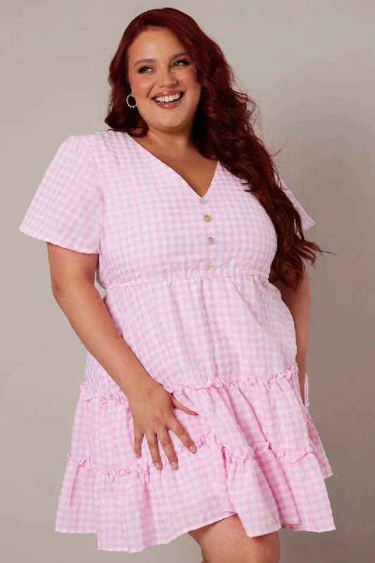 Pink Check Fit And Flare Dress Short Sleeve Tiered