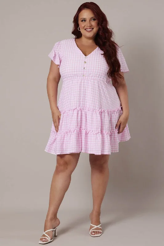 Pink Check Fit And Flare Dress Short Sleeve Tiered