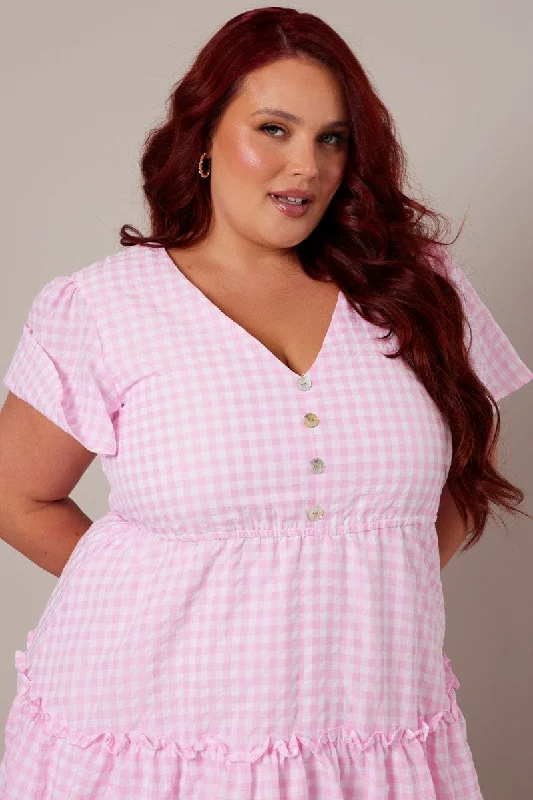 Pink Check Fit And Flare Dress Short Sleeve Tiered