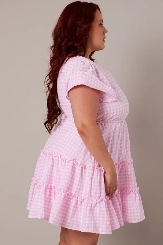 Pink Check Fit And Flare Dress Short Sleeve Tiered