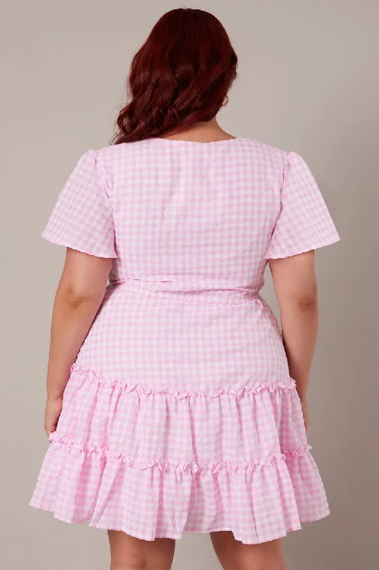 Pink Check Fit And Flare Dress Short Sleeve Tiered