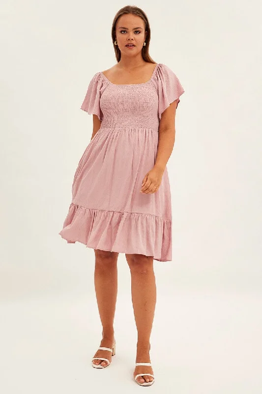 Pink Fit And Flare Dress Short Sleeve Shirred