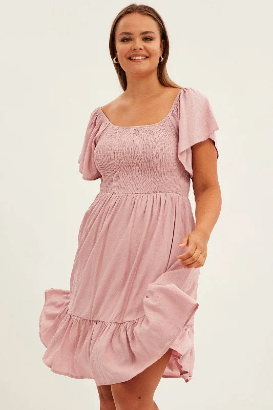 Pink Fit And Flare Dress Short Sleeve Shirred