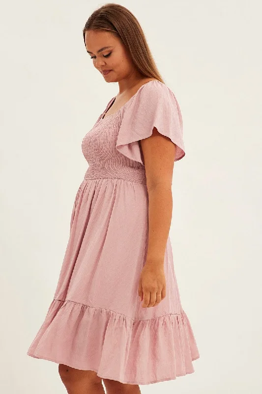 Pink Fit And Flare Dress Short Sleeve Shirred