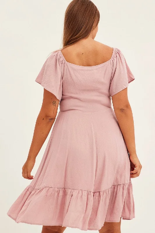 Pink Fit And Flare Dress Short Sleeve Shirred